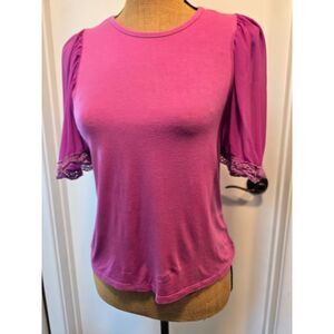 Q2 Spain Orchid Pink Puff Sleeve Viscose Top Crochet Lace Trim Size